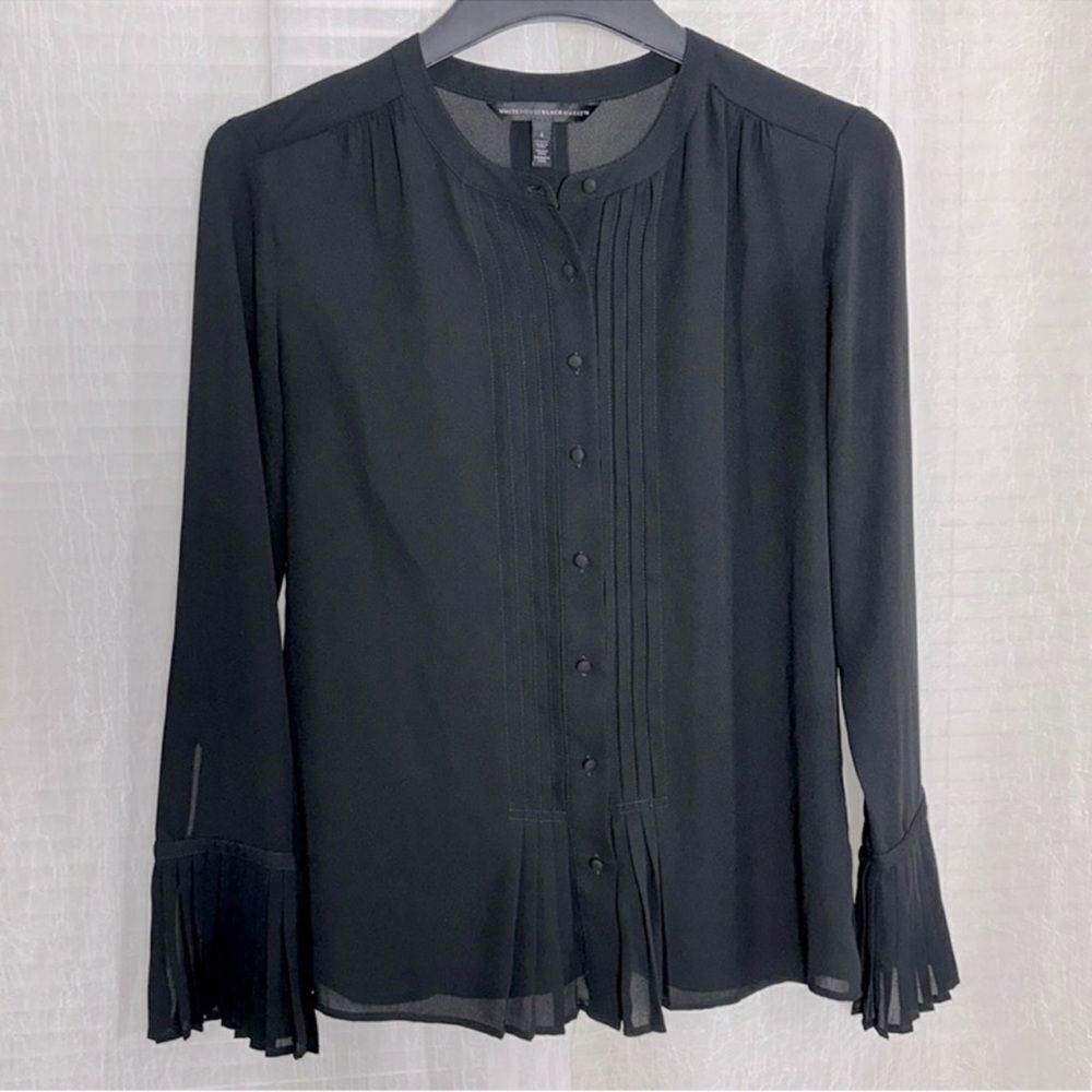 WHBM 4 Black Solid Yoke Collar Button Front Pleated Bell Sleeves Blouse